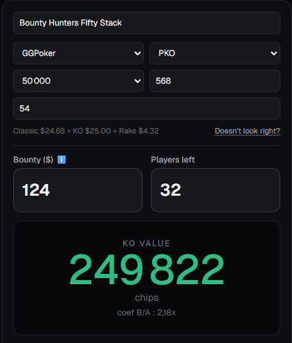 The Kohunter calculator showing a knockout's chip value